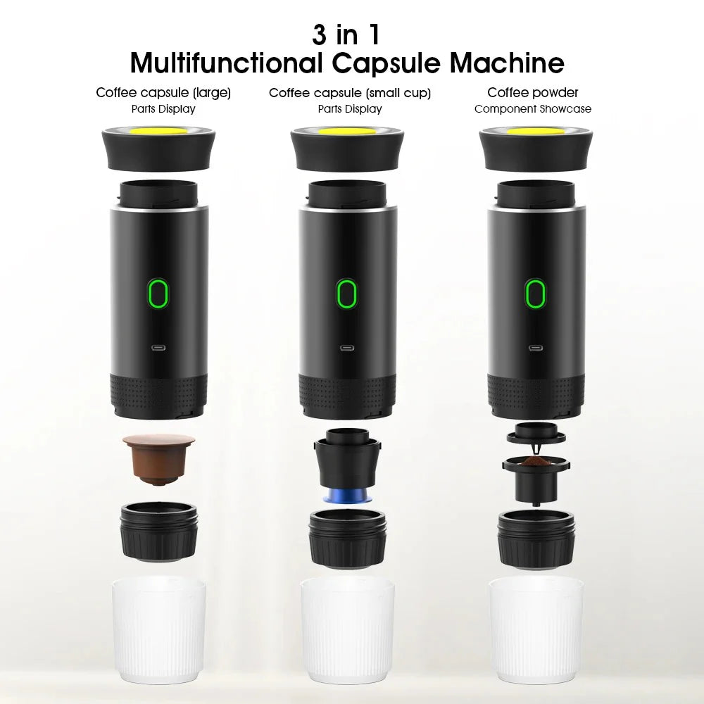 Tragbare 3in1 Espressomaschine für Kapseln und Kaffeepulver