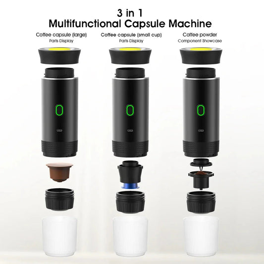 Tragbare 3in1 Espressomaschine für Kapseln und Kaffeepulver