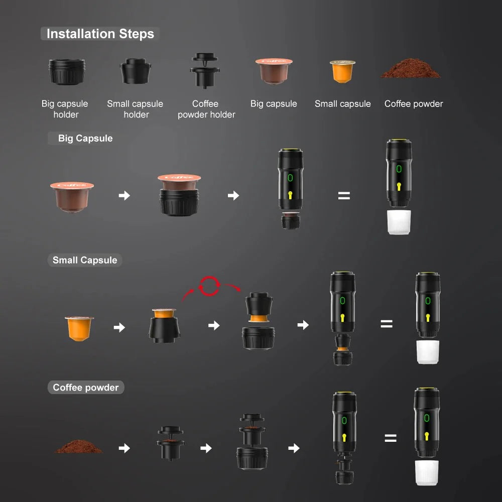 Tragbare 3in1 Espressomaschine für Kapseln und Kaffeepulver