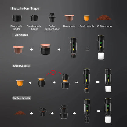 Tragbare 3in1 Espressomaschine für Kapseln und Kaffeepulver